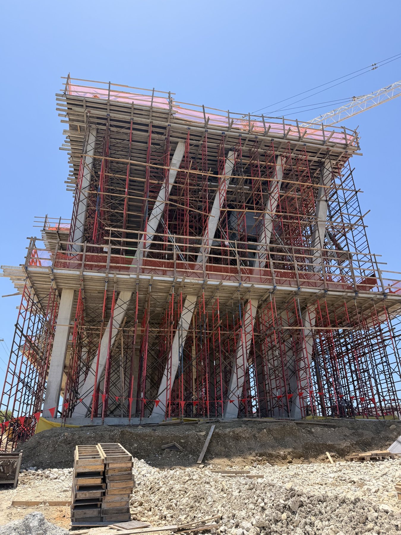 Circuit of the Americas Turn 1 structure under construction, with shoring around inclined columns